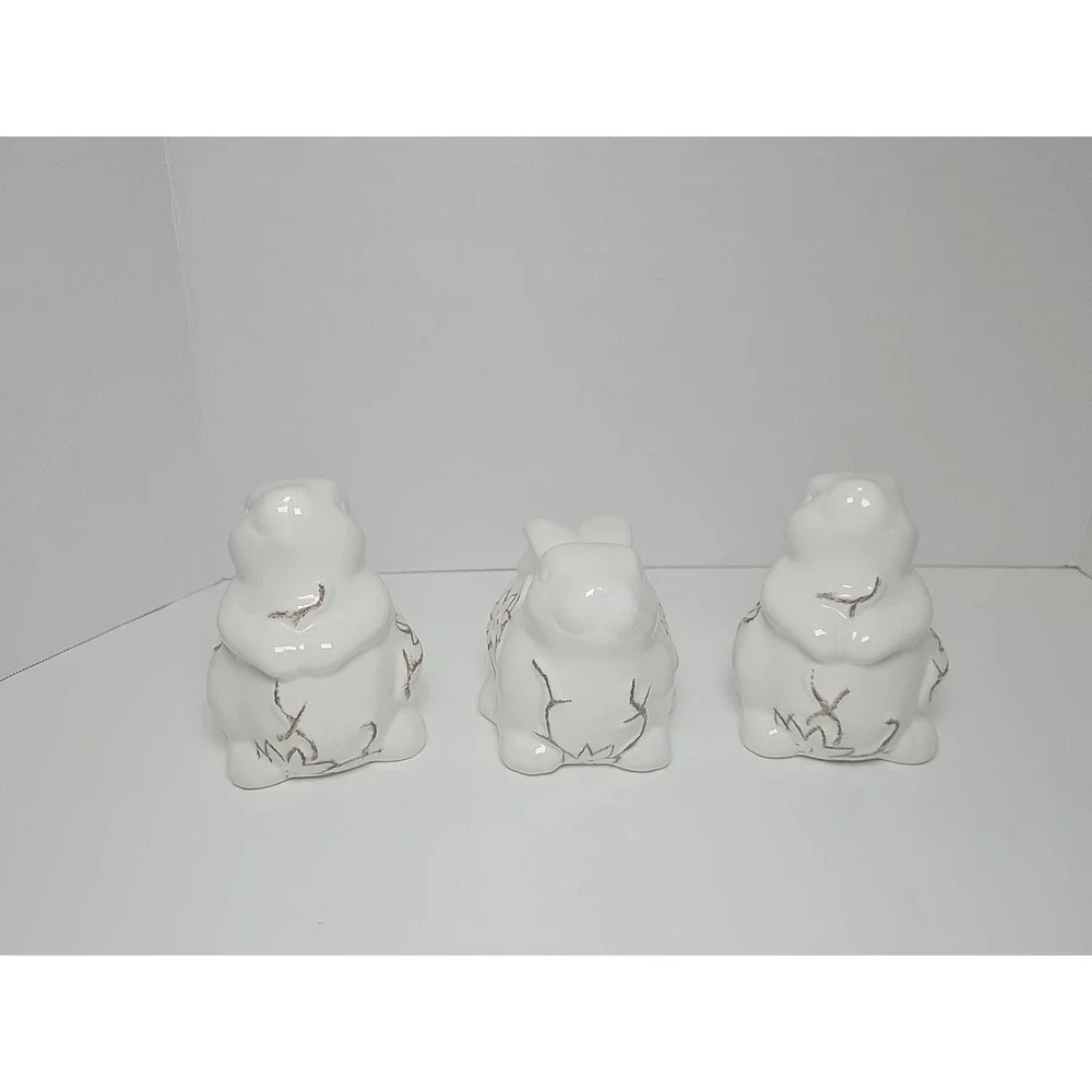 Set Of 3 Bunny Rabbit Ceramic‎ Figurines White Farmhouse  Shabby Rustic  Decor